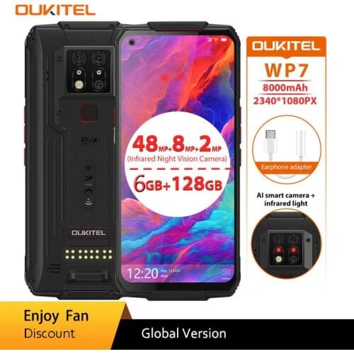 OUKITEL WP7 Smartphone 6G 128GB Octa Core 8000mAh Mobile Phone 6.53'' Infrared Night Vision 48MP Triple Cameras Rugged Phone
