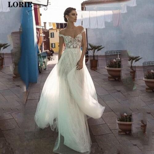 LORIE Princess Wedding Gowns Nude Neck Lace Bride Dresses Vestidos de noiva Off The Shoulder Boho Wedding Gowns