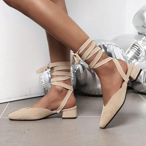 COOLULU 2020 New Fashion Women Cross Lace Up Pumps Mid Block Heel Slingback Ladies Square Toe Pumps Elegant Shoes Size 32-48