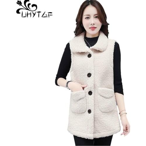 UHYTGF Vests For Women Lambswool Sleeveless Warm Autumn Winter Waistcoat Jacket Pure Color Wild Loose 3XL Plus Size Coat 1158