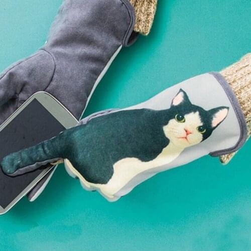Women Winter Cute Kitten Tail Finger Touchscreen Gloves Cartoon 3D Digital Print Faux Fleece Lined Thermal Warm Mittens