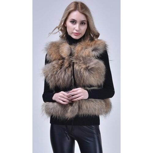 JANEFUR Fur Vest Women Real Raccoon Fur Vest Winter Thick Warm Fashion Gilet Waistcoat New 3 Rows