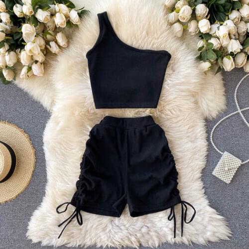2021 Summer Clothing Suit Women Fashion One Shoulder Knitted Crop Top+Drawstring Shorts Two Piece Set Casual Outfit