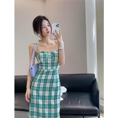 Women Spaghetti Strap plaid Dress Sexy Bodycon Mid-Calf Summer 2021 Sleeveless Backless Party Clubwear Dresses south korea