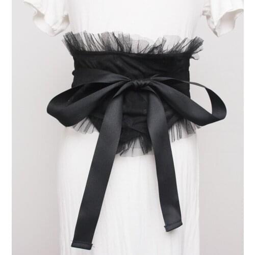 Ms waist sealing Elegant Lace Fabric Decoration Wide Belt bowknot Tie collocation Shirt Dress Fashion Black translucency Belt