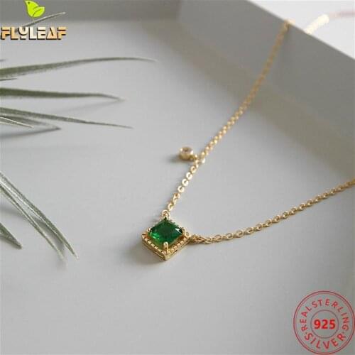 Flyleaf 925 Sterling Silver Necklace Women Square Emerald Cubic Zirconia Fashion Fine Jewelry Gold Simple Necklaces & Pendants