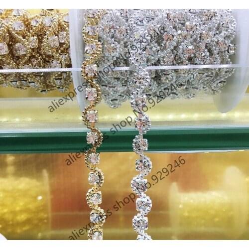 1 yard/pack 0.7cm thin clear crystal chain in wave-shape gold ball chain with rhinestones for collar garment clothing accessory