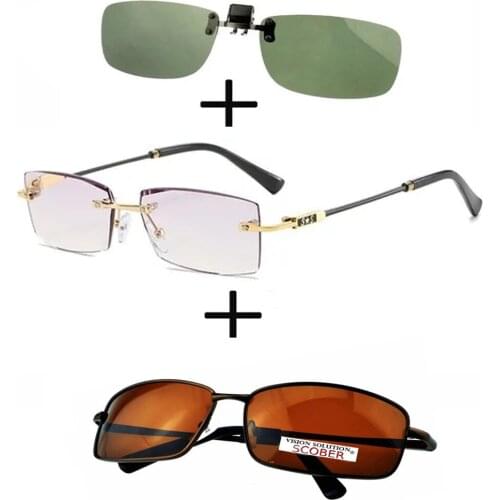 3Pcs!!! rimless frameless luxury Reading Glasses for Men Women + Alloy Polarized Sunglasses Outdoor + Sunglasses Clip