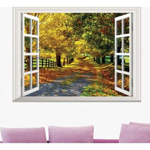 3D Boulevard Maple Leaf Garden View Window Wall Decal Home Decor Mural Stciker
