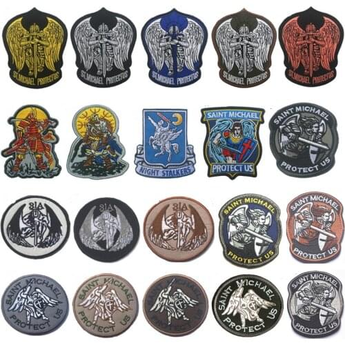 Saint Michael Protect US Badge Embroidered Hook Patches Army Military Tactical Clothes Patch Armbands Applique Sewings Removable