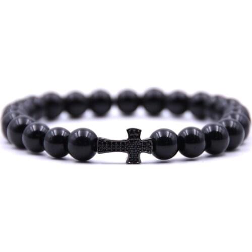 KANGKANG 2019 Bright black 8mm Stone Bracelet Pave CZ 4 color Crosss Bracelet for Men&Women charm gift Creative Jewelry