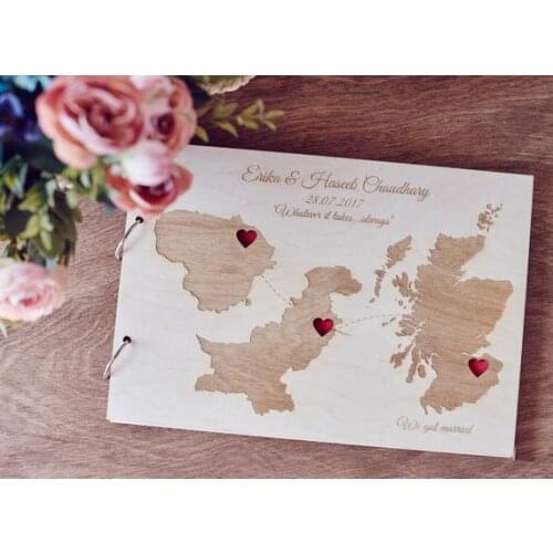 Custom wood wedding guest book,rustic album laser engraved,states and countries guest book,Travel Wedding guest book Love Map