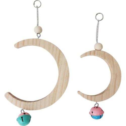 Parrot Swing Perch Stand Moon Shape Hammock Hanging Bell Pet Bird Wooden Cage