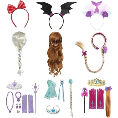 Kids Elsa Anna Wig Girls Princess Cinderelia Crown Necklace Photography Props Children Vampire Hair Hoop Rapunzel Aurora Braid