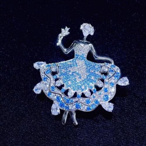Figure dancer brooch pins blue color 925 sterling silver with cubic zircon fine women jewelry free shipping