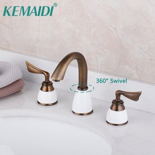 KEMAIDI Antique Brass Bathroom Bathtub Faucet White Base Gold Plated 3 Pcs Set 2 Ceramic Handles Basin Sink Water Mixer Tap