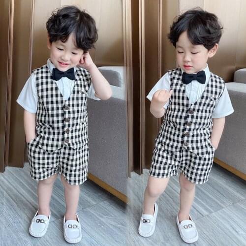 2-8 Y Toddler Boys Clothing Sets 2021 Summer New Korean Plaid Vests Shorts 2pcs Sets For Boy Baby Kids Fashion Handsome Suits