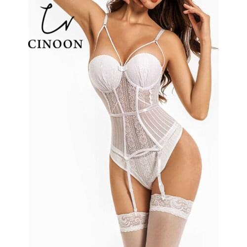 CINOON Sexy Corset Women Gothic Underwear Erotic Transparent Lace Mesh Corset Top Lingerie Slim Waist Bustier Push Up Corselet