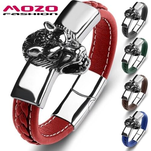 MOZO FASHION 2021 Trendy Men Lion Beast Bracelet Genuine Leather Stainless Steel High Quality Collocation Punk Cuff Jewelry 143