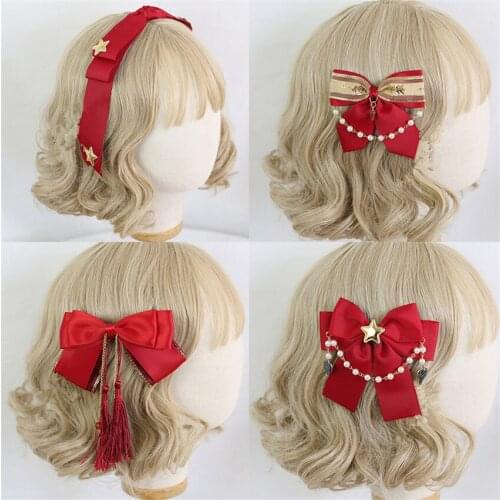 New Year Red Lolita Girl Headdress Cosplay Retro Large Bowknot Hair Band Hairpin Pearl Chain KC Headband B1630