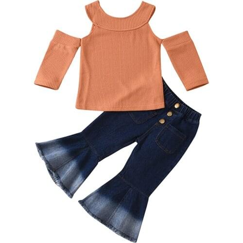 Baby girl clothes 2-10 years old spring and autumn fashion solid color strapless top + denim flared pants two-piece baby girl
