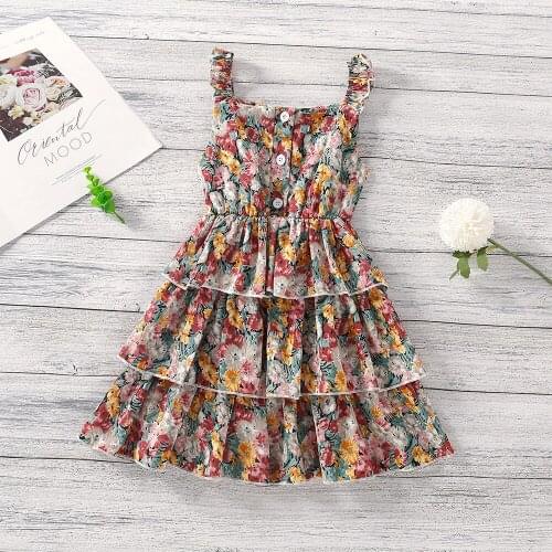 Girls Front Buttons Floral Print Princess Dress Summer Child Kids Sleeveless Ruffle Armhole Layered Ruffle Boho Cami Dress New