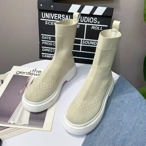 British Style Platform Martin Boots Women 2021 New Autumn Thick Sole Increased Chelsea Short Boots Female Wild Knit Socks Boots