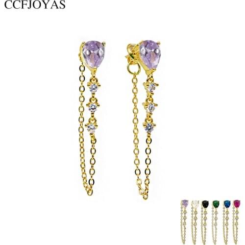 CCFJOYAS 925 Sterling Silver Colorful Water Drop Chain Drop Earrings for Women Simple European and American Gold Chain Earrings