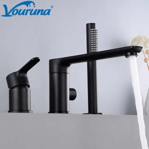 VOURUNA Black Single Handle Deck Mounted Roman Tub Filler with Lever Handle and Handshower 3-hole Bathtub Faucet Mixer Tap