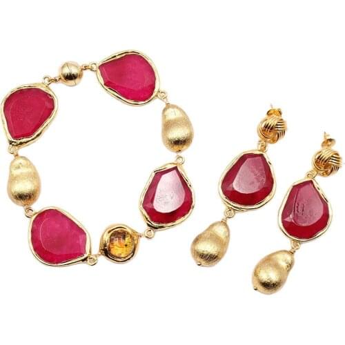 GuaiGuai Jewelry Natural Red Agate Fancy Gold Color Plated Nugget Glass Gourd Beads Bracelet Earrings Sets Handmade For Women