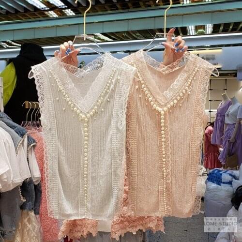 Sleevelsee T-shirt for Women 2020 Summer New Lace Handmade Beaded Slim Sleeveless Undershirt Female Tops