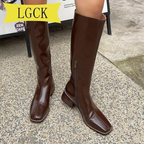 Plus Size 34-39 Fashion Spring Leather High Boots Women Square Toe Heels Zipper Basic Shoes Women Knee High High Boots Lady New