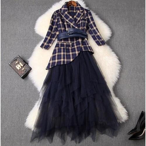 Early Spring Womens Suit Collar Waist Plaid Jacket + Irregular Mesh Skirt Fashion Set T3729