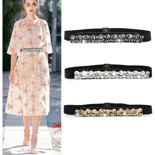 2019 New Arrival Designer Luxury Crystal Elastic Women Wide Belt with rhinestone Elegant belts for women High Qualit SD241