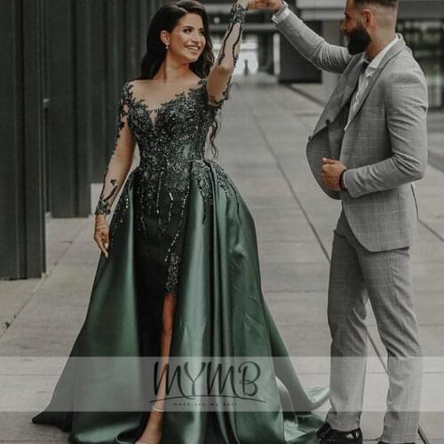 2021 MYMB Muslim Green Luxury Evening Dresses Gowns Illusion Long Sleeve Sparkle Beading Wraped Skirt Mother Of The Bride Dress