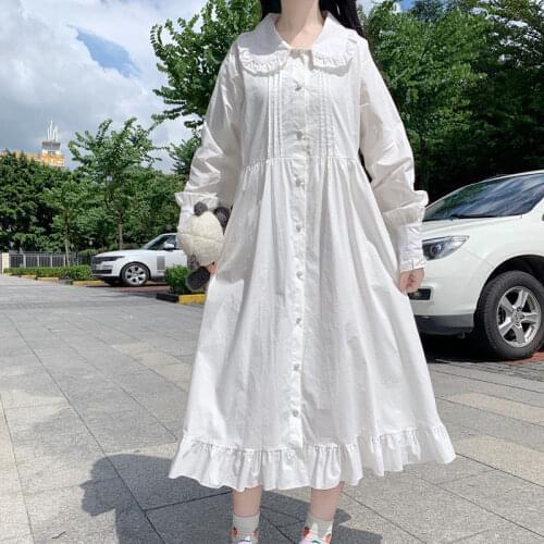 HOUZHOU White Dress Women Kawaii Ctue Sweet Midi Dresses Ruffle Casual Japanese Preppy Style Peter Pan Collar Long Sleeve Robe