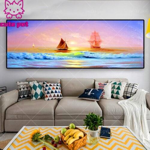 Large diamond painting Sunset Natural Seascape Sailing Sea Landscape diamond embroidery full square round drill painting Decor