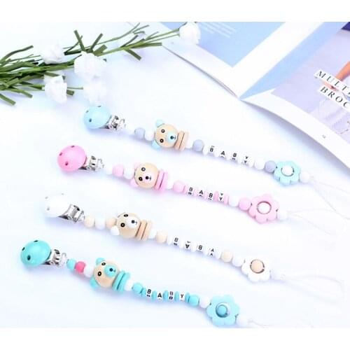 Baby Pacifier Clip Chain Bear Wooden Bead Dummy Clip Holder Soother Chain Baby Teething Toy Pacifier Clips Feeding Care