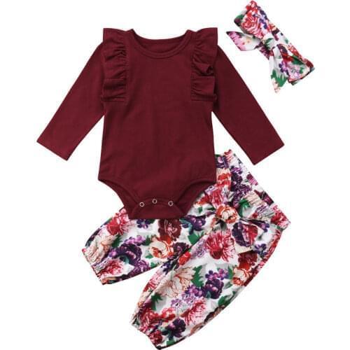 Newborn Baby Girls Red T shirts Tops Solid Romper Floral Pants Headband Outfits Autumn 3PCS Clothes Set