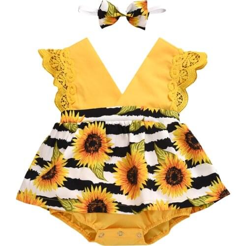 0-24M Newborn Baby Girls Romper Dress Sunflowers Print Lace Sleeve V Neck Jumpsuits Headband 2pcs
