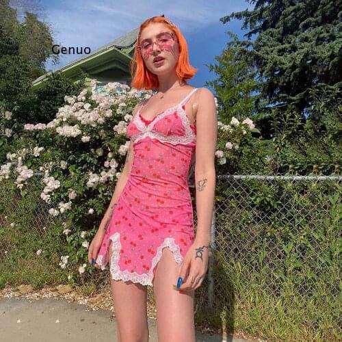 Printed Lace Dresses Summer 2021 Ladies European and American Pink New Style Sling Halter Hem Split Fruit Skirt Dress