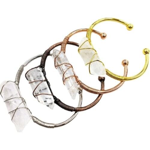 Quartz brass bracelet Quartz bangle Crystal jewelry Healing Energy Bar rigid bracelet wire wrap Boho crystal