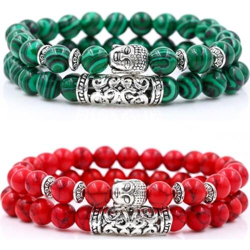 2PCS/Set Buddha Head Charm Natural 8mm Stone Beads Bracelet Sets For Women Men Braiding Macrame Bracelet Set Charm Bangle