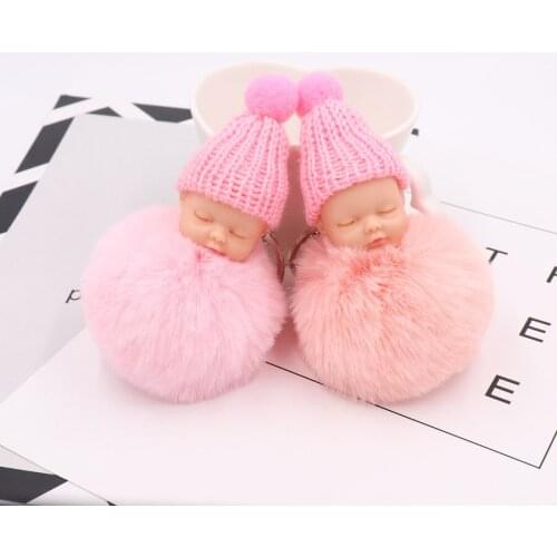 New Fashion Seeet Sleeping Baby Doll Keychain Cute Doll Fluffy Pompom Key Chain Keyring Key Holder Bag For Women Girls