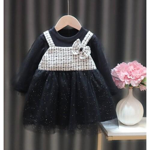 Newborn Clothes Long-sleeve Mesh Plaid Stitching Bow Princess Dress Spring Autumn Baby Clothes Cute Baby Girl Dress