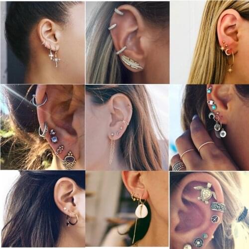 Rhinestone Moon Star Cross Chain Earrings Set for Women Girls Pearl Boho Dangler Eardrop Female Earring