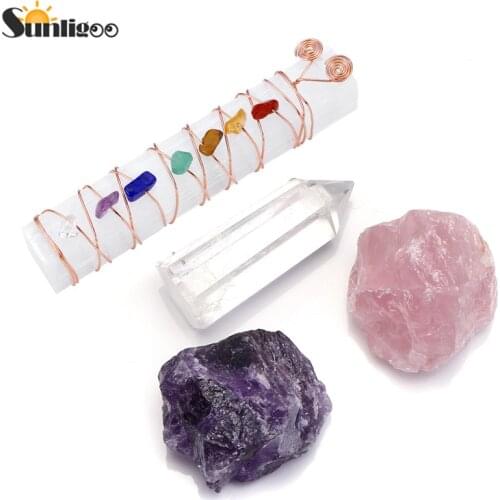 Sunligoo 7 Chakra Reiki Healing Stones Kit/Rough Amethyst Rose Quartz Raw Gemstones&Crystal Quartz Point Wand&Raw Selenite Stick