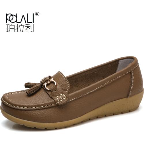 POLALI 2020 Summer Genuine Leather Women Casual Shoes Fashion Breathable Slip-on Peas Massage Flat Shoes