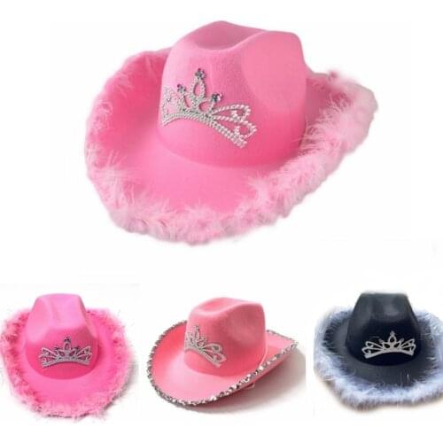 Pink Tiara Cowgirl Hat for Women Girls Wide Brim Fedora Cowboy Cap Western Style Holiday Cosplay Party Hats