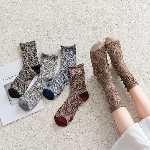 Spring And Autumn Gold And Silver Womens Socks New Thin Ladies Cotton Socks Tide Diamond Lattice Palace Style Loose Mouth Socks